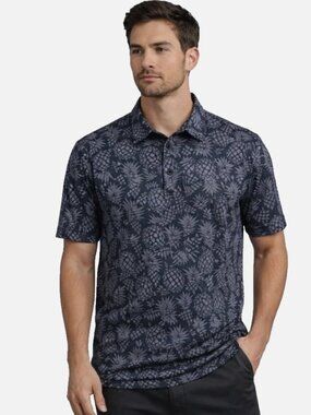 Travis Mathew Off the Cape Polo Shirt Men’s Medium Black Pineapple Print Golf